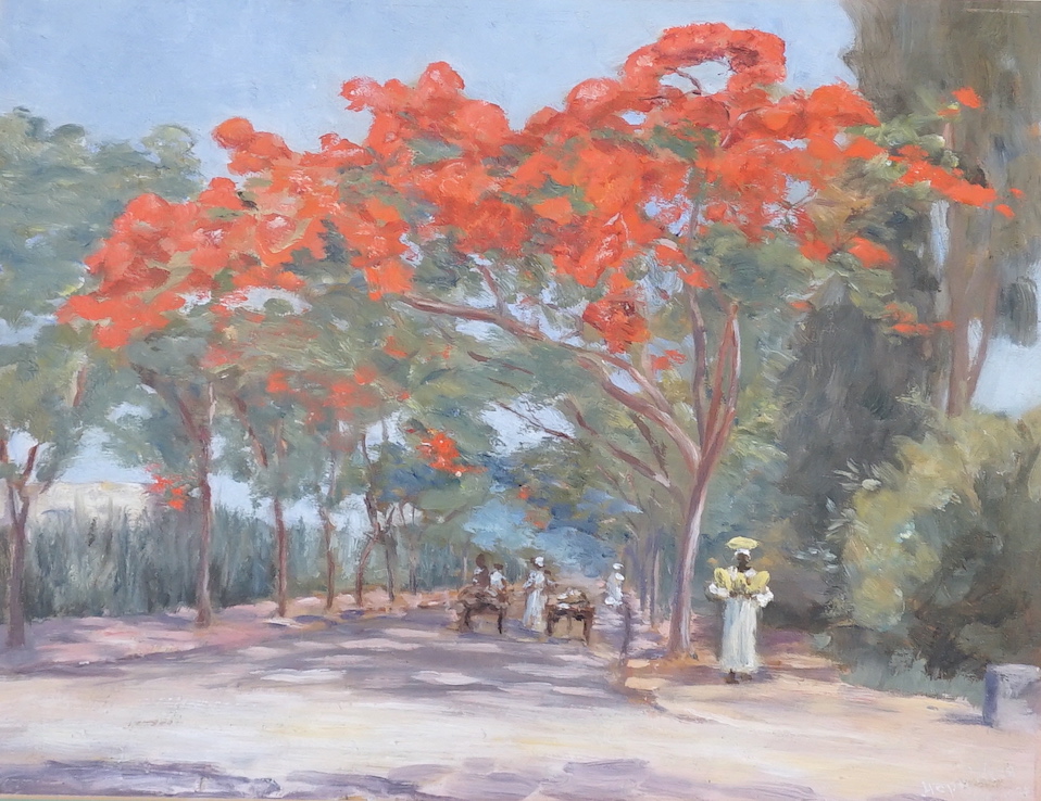 Hope Wise, oil on board, Colonial scene with figures beneath flowering trees, signed and dated Cairo 1925, 25 x 33cm